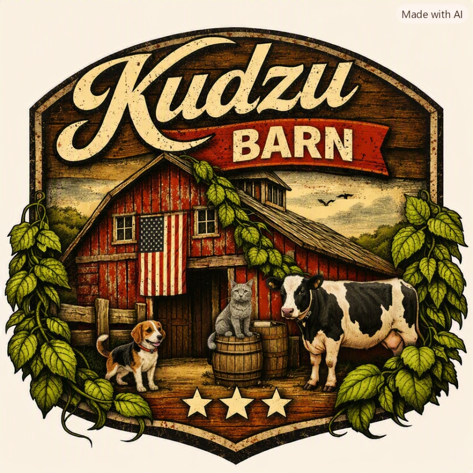 KudzuBarn emblem: a faded red barn wrapped in kudzu vines with a beagle, a cat on a barrel and a dairy cow